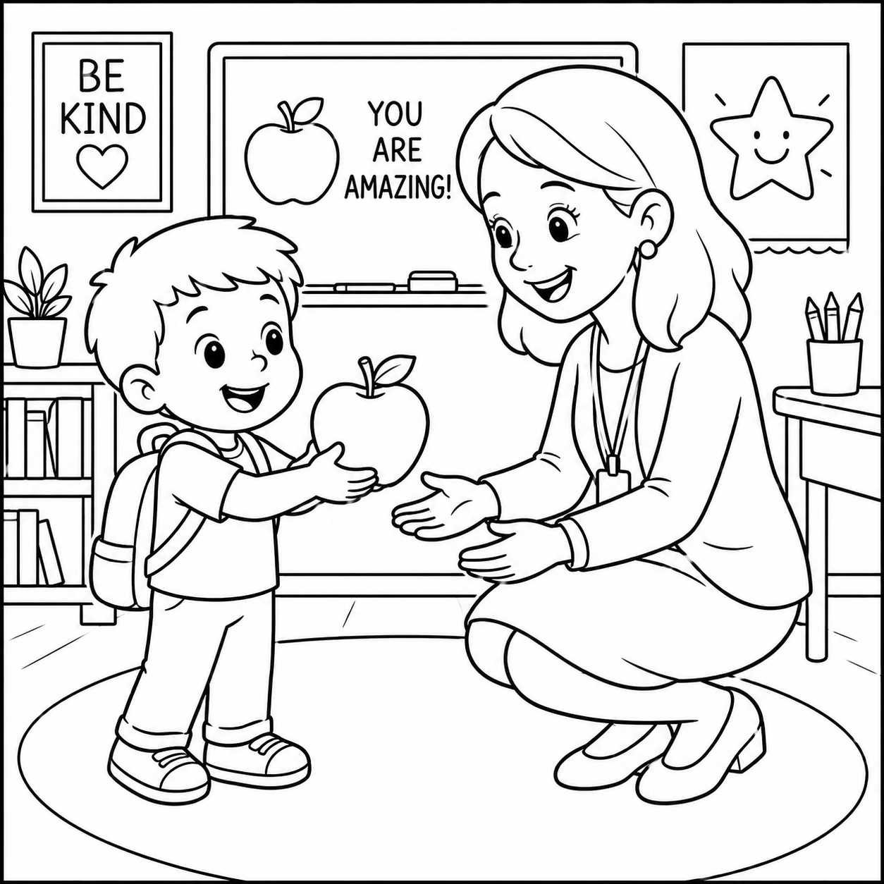 Happy Kid Giving Apple to Teacher coloring page showing a kind student presenting an apple